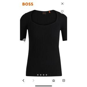 NWT BOSS SQUARE-NECK SHORT-SLEEVED SWEATER IN RIBBED STRETCH FABRIC XL